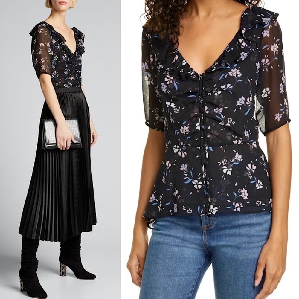 VERONICA BEARD Silk Chiffon Floral Print Ruffle V-Neck Short Sleeve Peplum Top 0
